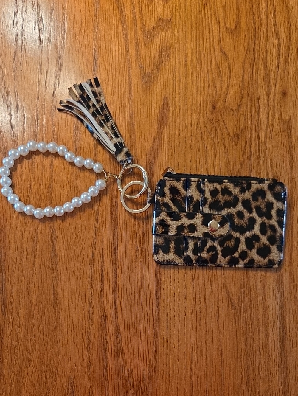 Leopard Print Wristlet Card and Bill Holder  with Pearl Wristlet